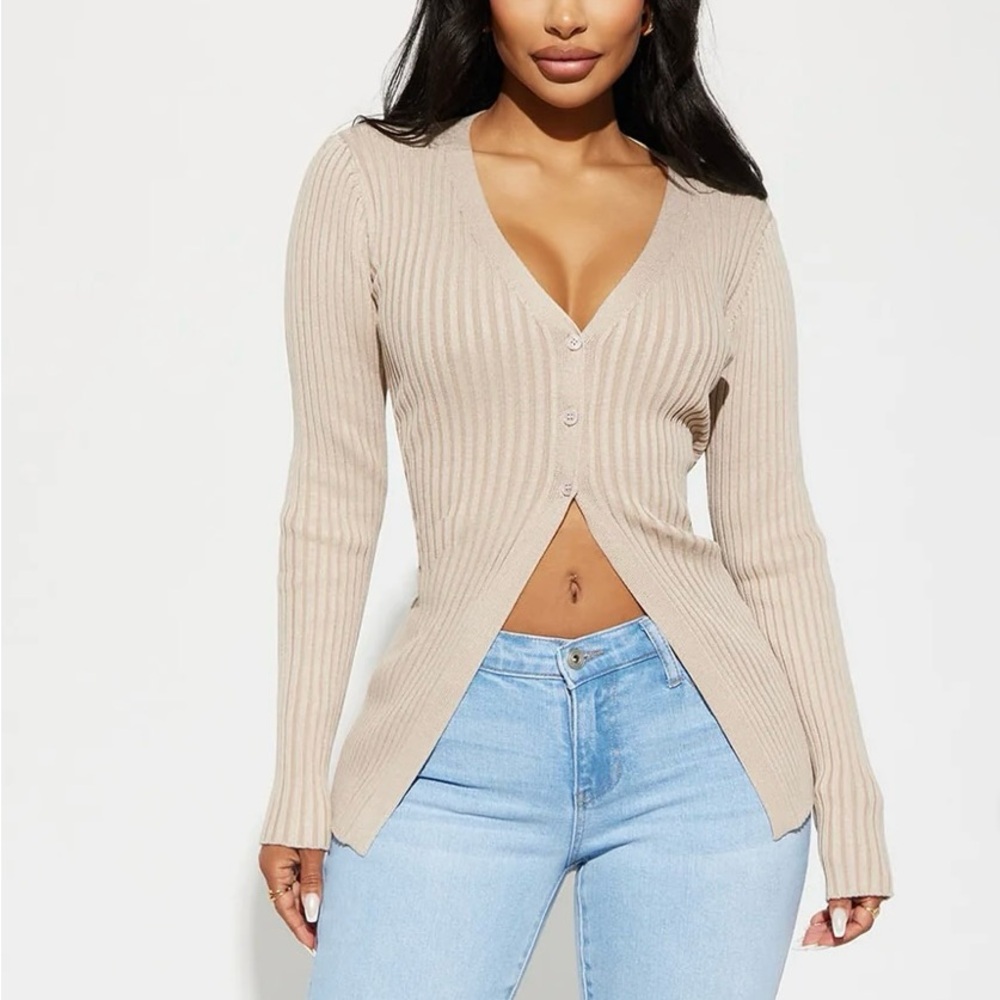 Beige Ribbed Button-Up Cardigan - Picture 2 of 3